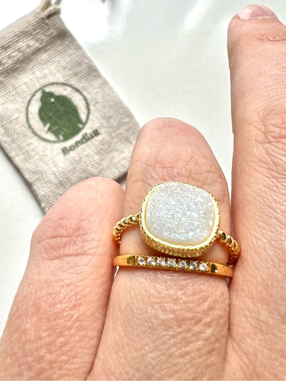 NWT Bondhu Iridescent Druzy Ring, Gold Princess Cushion